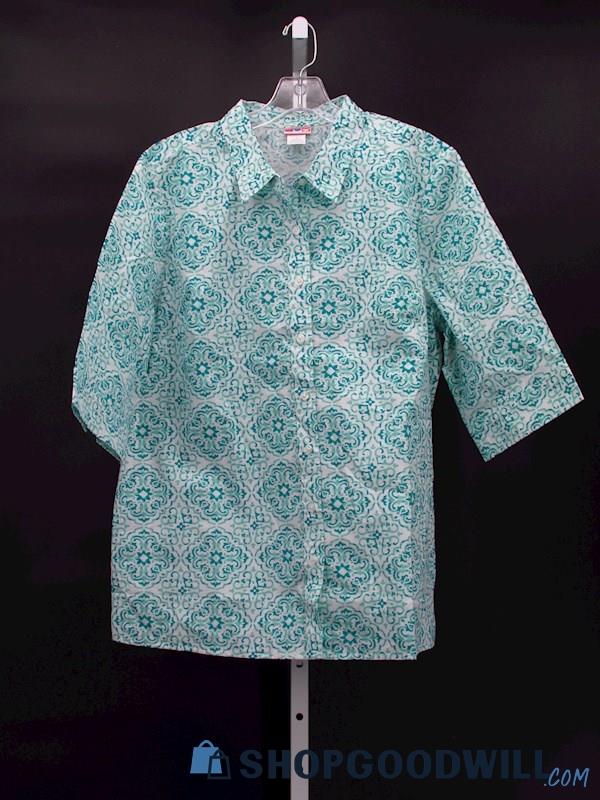 Vintage American Sweetheart Women's White/Teal Tile Pattern Button Shirt Size L