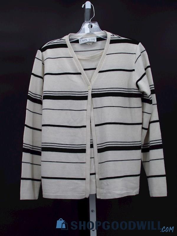Vintage Cape Cod Women's Ivory/Black Striped Faux Cardigan Knit Sweater Size S