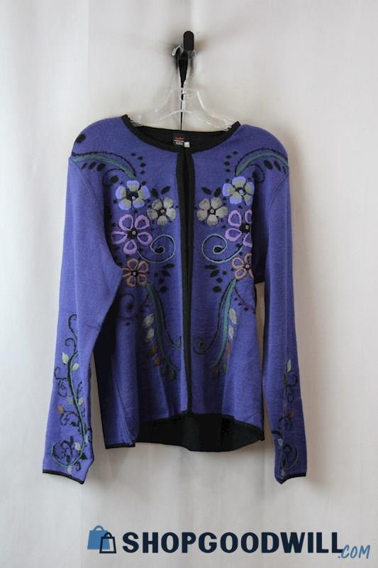 Tey-Art Women's Purple Floral Embroidered Knit Cardigan SZ-L