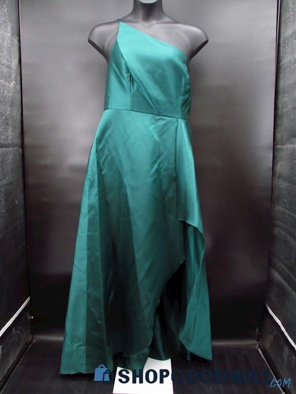 NWT Alfred Sung Women's Hunter Green One Shoulder Ruffle Slit Dress Size 14