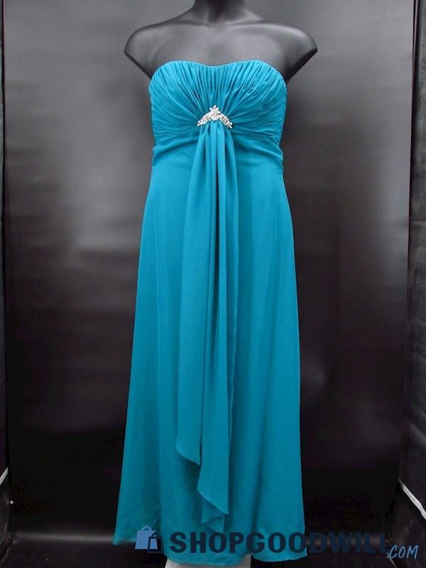 Jordan Women's Peacock Teal Strapless Rhinestone Brooch Formal Dress Size 8