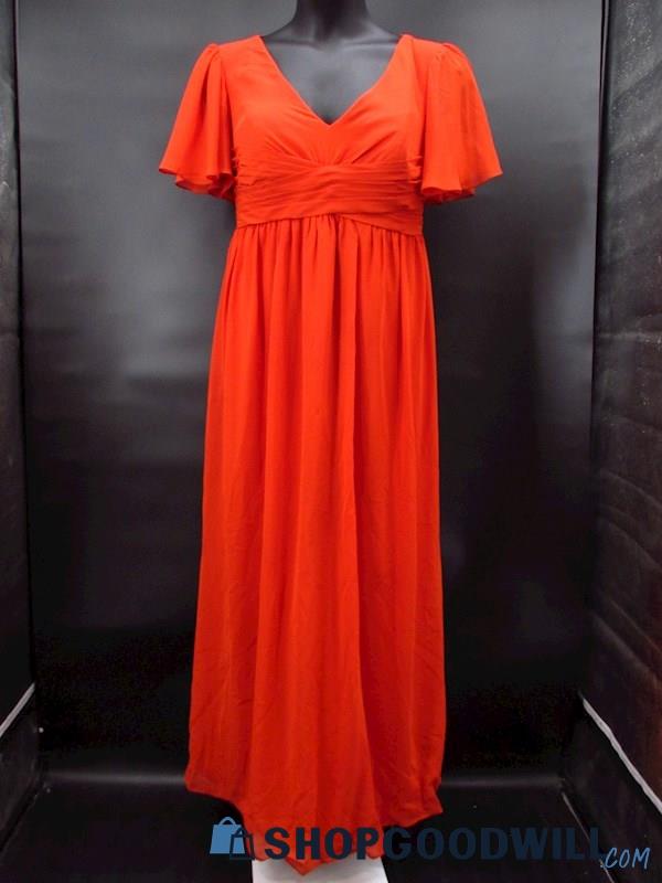 Azazie Women's Fire Orange V-Neck Flutter Sleeve Formal Dress Size 18