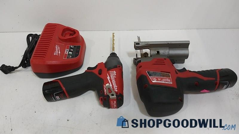 Lot 3pc Milwaukee M12 Power Tools Drill & Saw w/ Charger