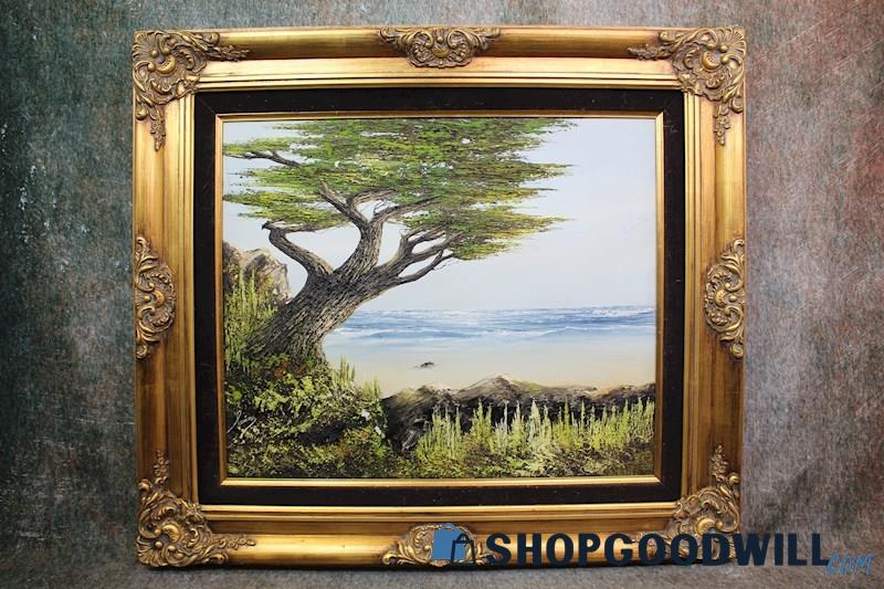 Frame VTG Original Tree by the Sea Nature Ocean Painting Signed Suarez Art Decor