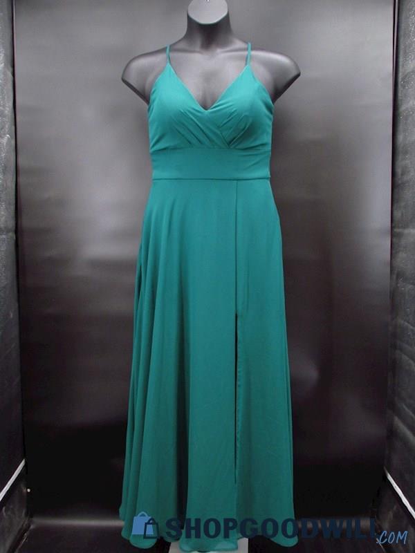 Morilee Women's Forest Green Criss Cross V-Neck Slit Formal Dress Size 10