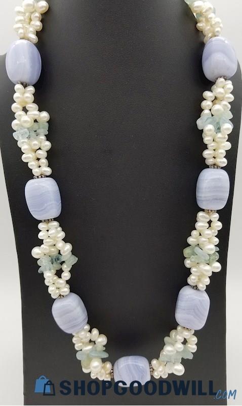 .925 Blue Lace Agate & Freshwater Pearl Necklace