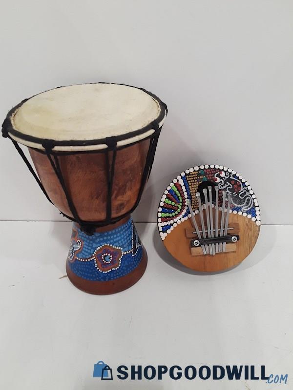 Lot 2pc 8 Inch African Djembe and 5 Inch Thumb Piano Kalimba