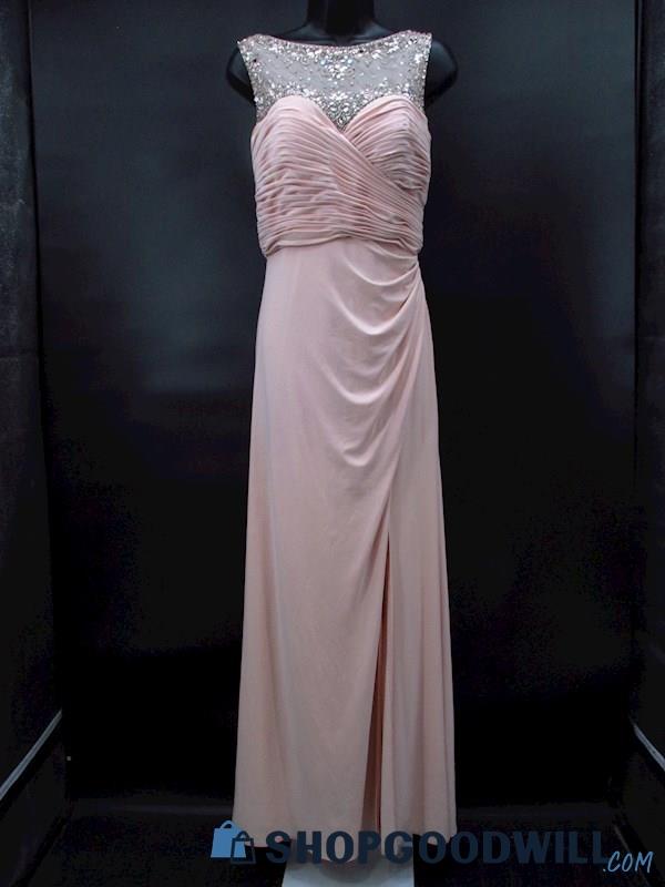 Patra Women's Pale Pink Illusion Gemstone Trumpet Slit Dress Size 4
