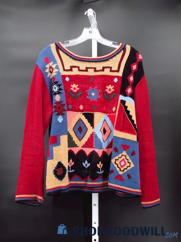 Vintage Koret Women's Red/Blue/Tan Pattern Knit Sweater Size L