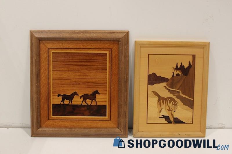 Set x2 Vintage Wood Marquetry Artwork 'Horses' & 'Wolves' Both Signed by Artist