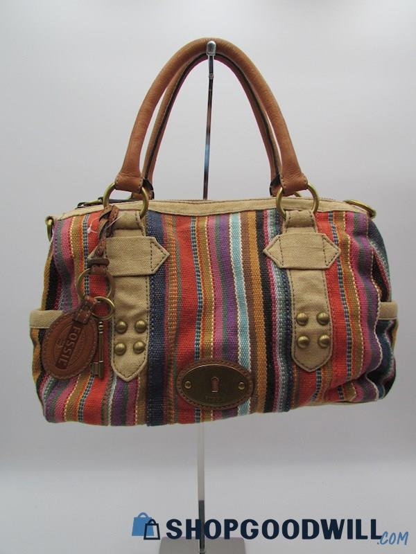 Fossil Grayson Multicolor Striped Canvas Satchel Handbag Purse