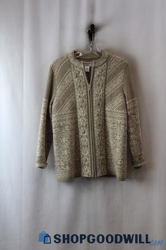 Pendleton Women's Tan/White Geo Pattern 100% Lamb's Wool Full Zip Sweater sz MP