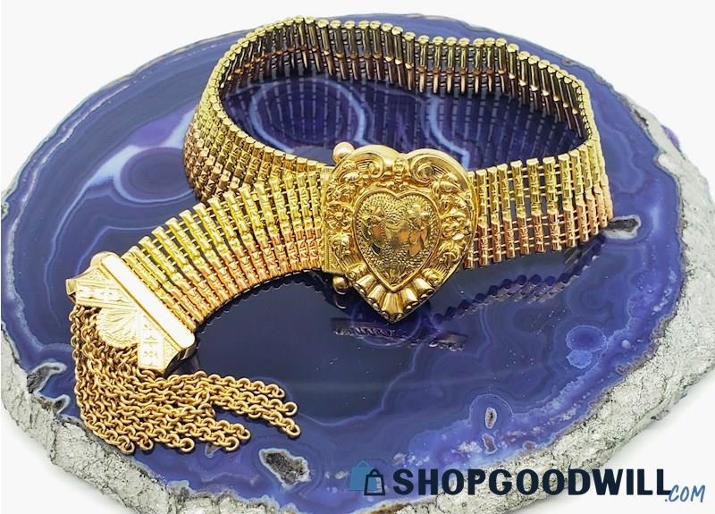 Gold Filled Vintage Heart & Tassel Adjustable Bracelet 16.53grams