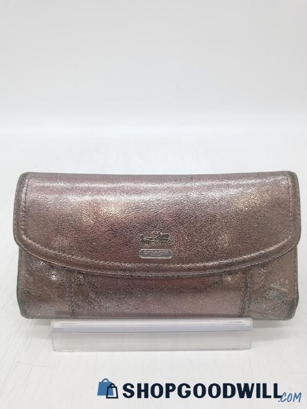 Coach Metallic Silver Flap Trifold Leather Wallet Handbag Purse 
