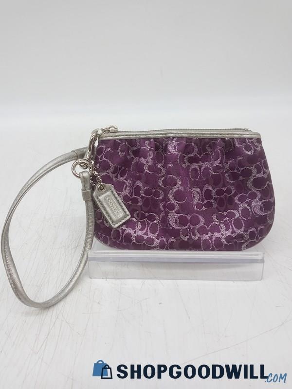 Coach Purple Signature Canvas Silver Leather Trim Wristlet Handbag Purse