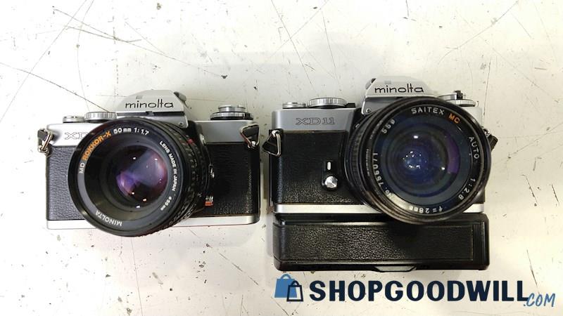 2 Minolta XD11 SLR Film Cameras w/50mm & 28mm Lens