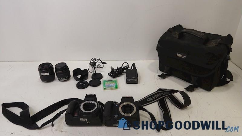 2 Pentax K100 w/18-55mm Lens & Olympus E-500 w/14-45mm Lens DSLR Camera