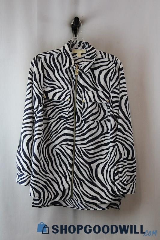 Michael Kors Women's White/Navy Zebra Print Zip Shirt SZ-S