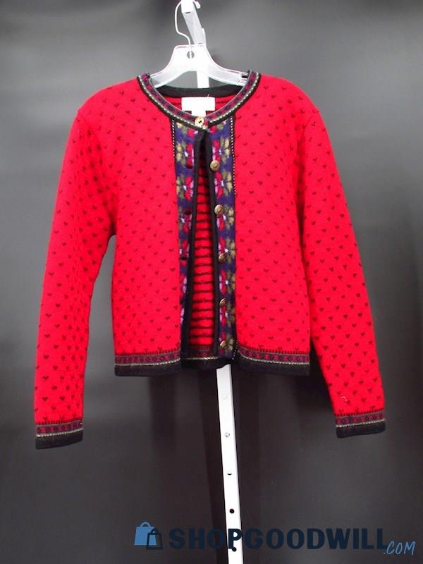 Vintage Tally Ho Women's Red Patterned Cardigan Size PM