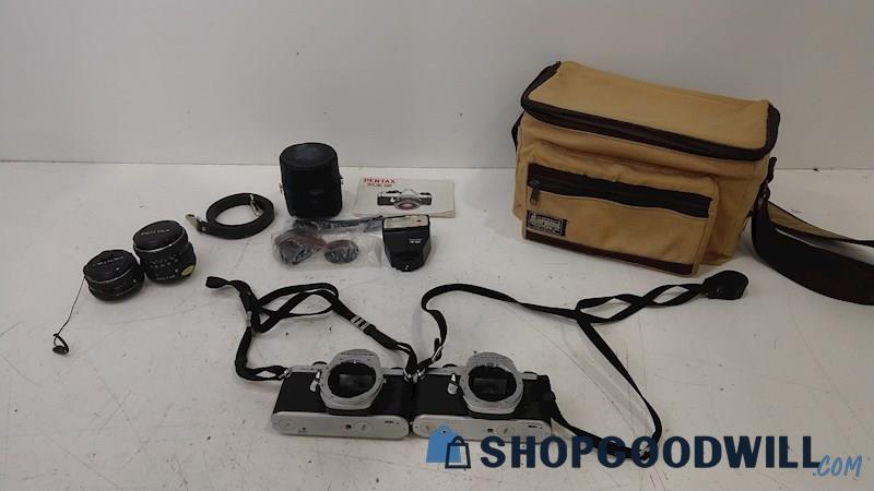 2 Pentax ME Super SLR Film Cameras w/50mm 28mm Lens & More