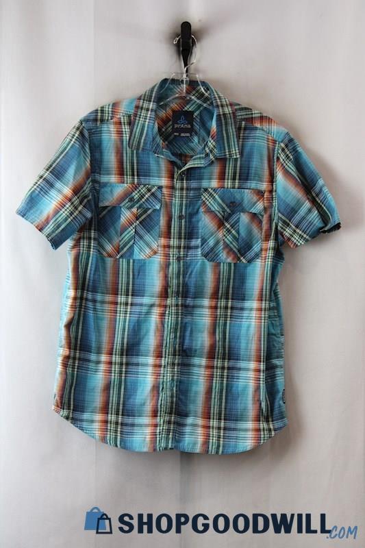 Prana Men's Blue/Orange Plaid Short Sleeve Button Down Shirt sz M