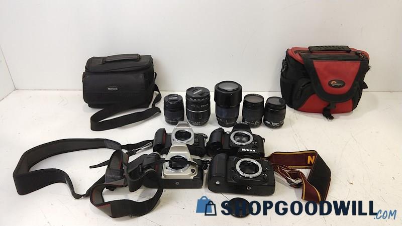 4 Nikon  N60 N65 N90s SLR Film Cameras w/28-80mm 35-80mm & Tamron Lens