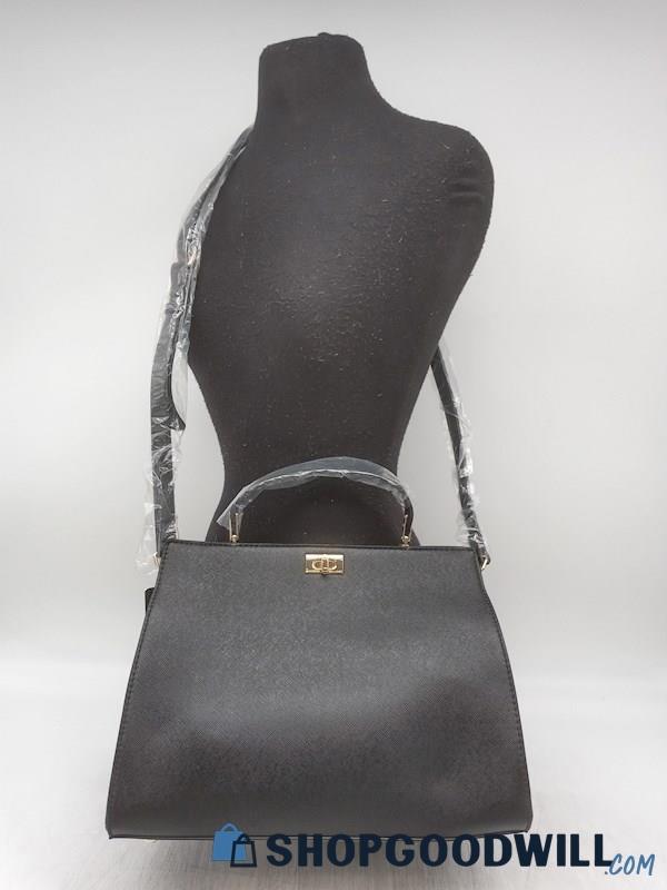 NWT Vanessa Williams Posh Black Faux Saffiano Leather Satchel Handbag Purse