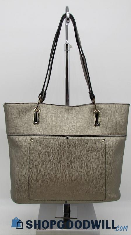 B.Lush Front Pocket Metallic Pewter PU Pebble Leather Tote Handbag Purse