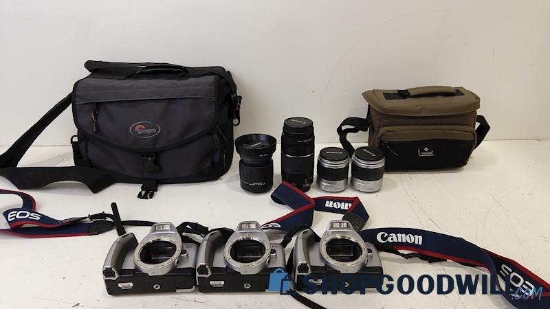 3 Canon EOS Rebel Ti SLR Film Cameras w/28-90mm 75-300mm & More Lens