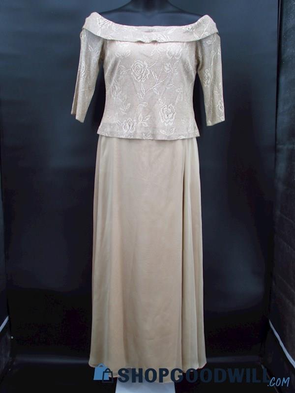Vintage David's Bridal Women's Champagne Floral Loose Knit Formal Dress Size 10