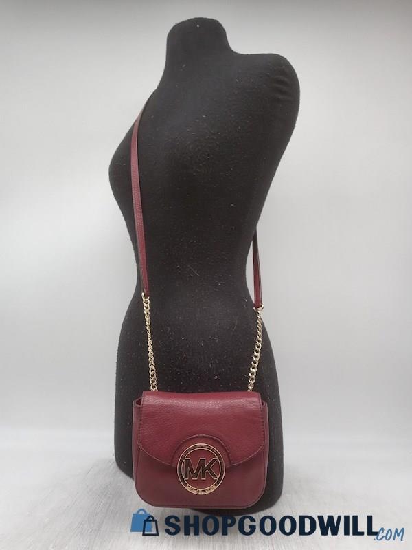 Michael Kors Fulton Maroon Pebble Leather Mini Crossbody Handbag Purse