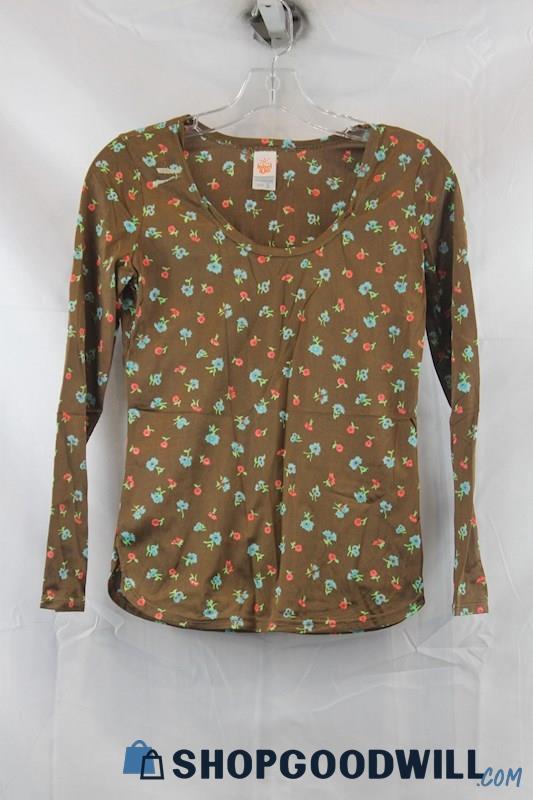 Jantzen Women's Brown Multicolor Flower Print Long Sleeve Shirt SZ S