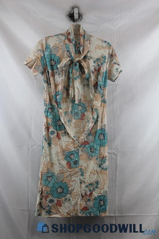 Unbranded Women's Ivory/Blue Floral Print Button Up Dress