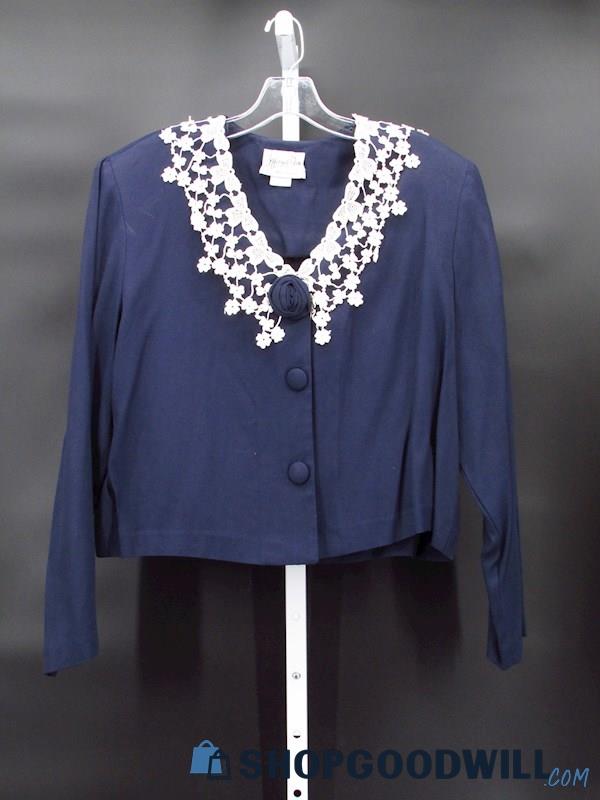 Vintage Jeffrey&Dara Women's Navy/White Floral Lace Collar Cardigan Size 15/16