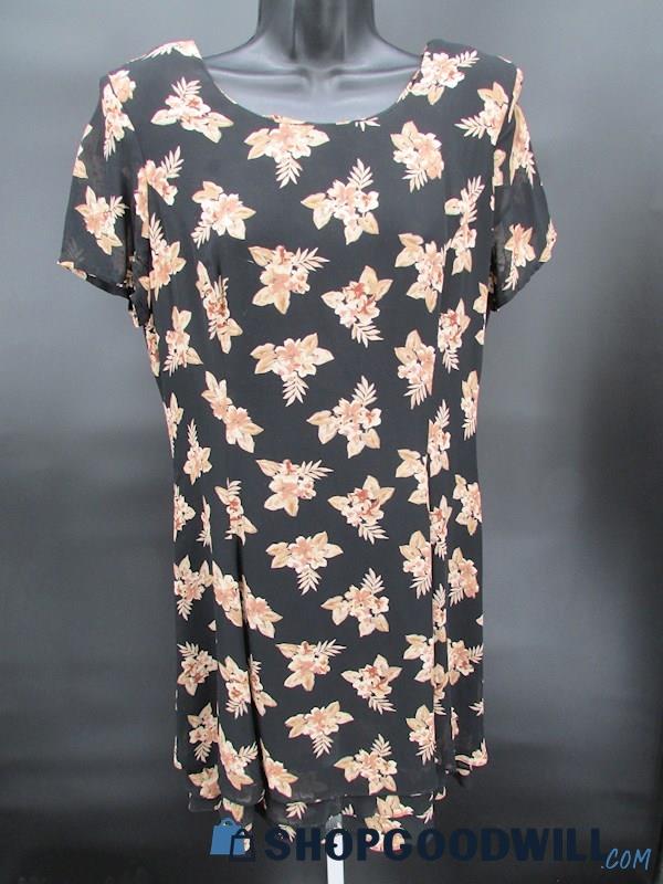 Caren Desiree Women's Vintage Black & Beige Floral Short Sleeve Mini Dress SZ 10