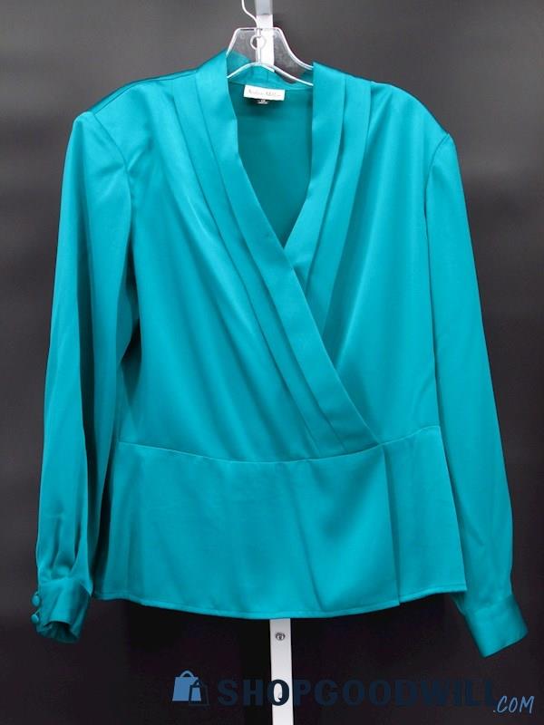 Vintage Nolan Miller Women's Turquoise Satin Faux Wrap Blouse Size 14