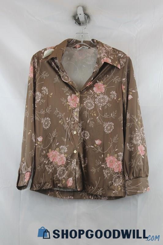Sudi Women's Brown/Pink Floral Print Button Down Shirt SZ 14