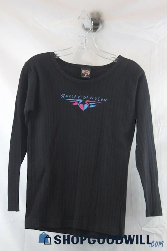 Harley-Davidson Womens Black Ribbed Embroidered LS Shirt Sz M