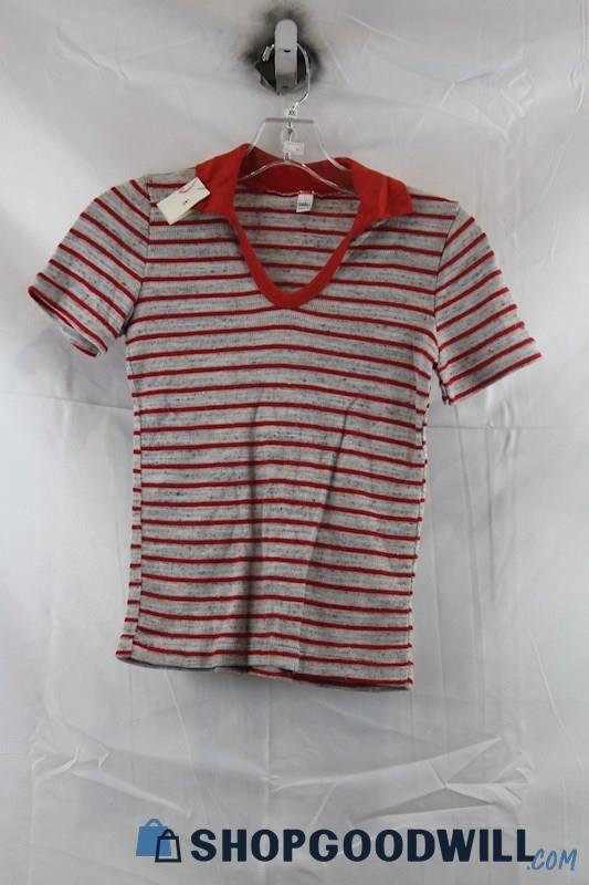 Unbranded Women's Red/Gray Stripes Polo Crop Shirt SZ S