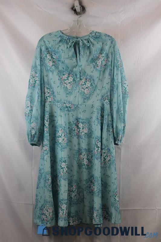 Unbranded Women's Blue/Pink Floral Blouse Sleeve Flare Dress