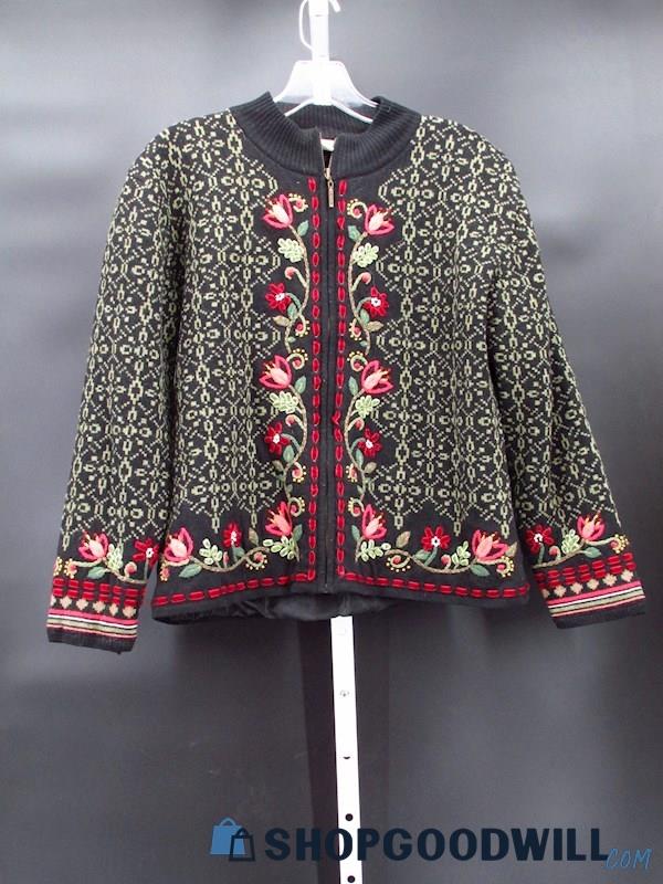 VTG Carson Women's Black/Green Patterned Floral Embroidered Zip Cardigan Size M