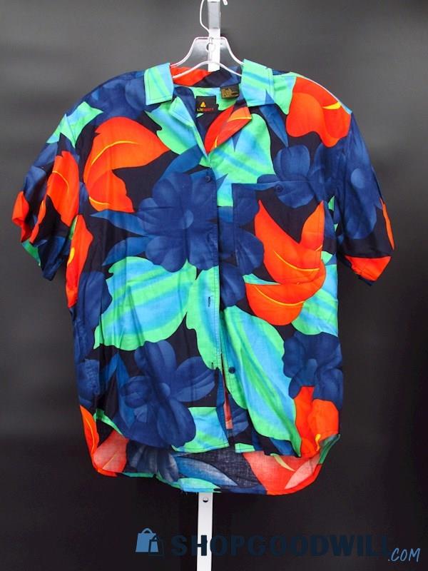 Vintage LizSport Women's Blue/Orange Floral Pattern Button Up Shirt Size L