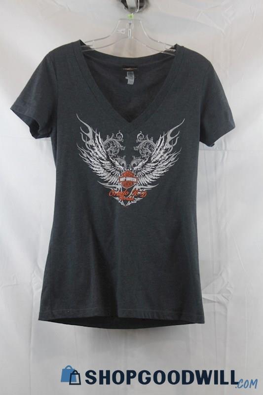 Harley Davidson Women's Gray/Orange V-Cut T-Shirt SZ L
