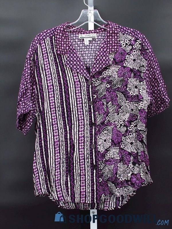Vintage SK+Company Women's Purple Patterned Hawaiian Shirt Size 14