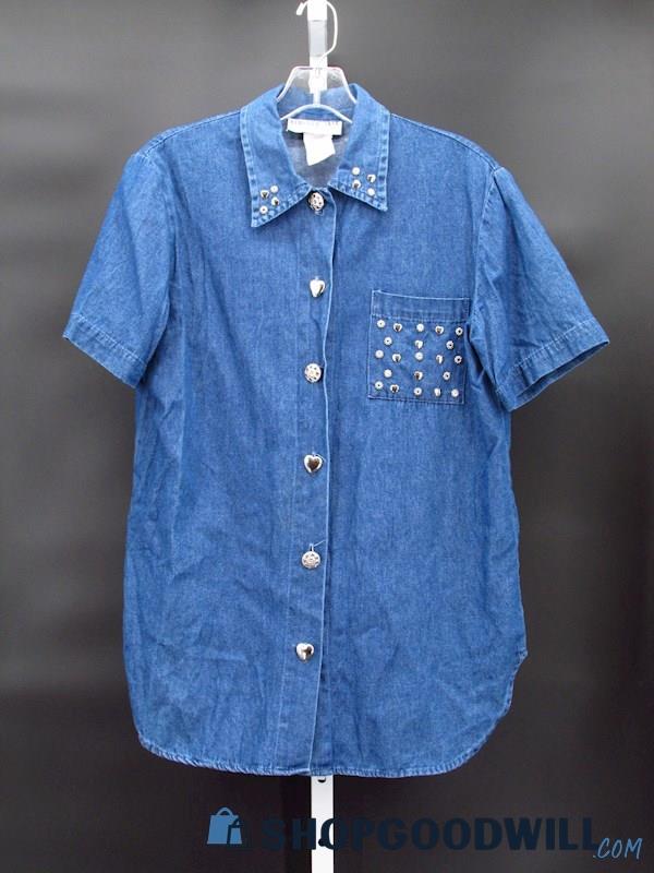 Vintage Bedford Fair Women's Blue Chambray Blouse+Silver Accents Size Small Tall