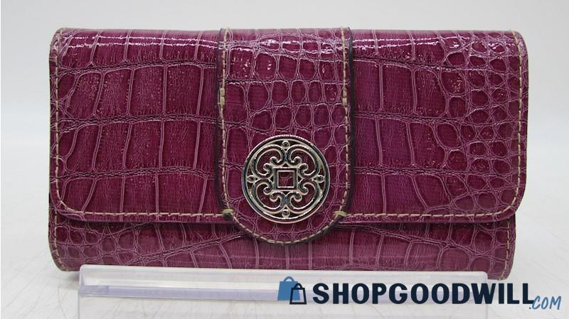Unbranded Dull Magenta Croc Embossed PVC Trifold Snap Wallet Handbag Purse