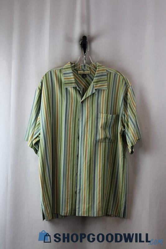 Tommy Bahama Men's Green Striped Silk Dress Shirt SZ-L