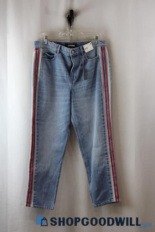 NWT Express Women's Blue/Red Stripe High-Rise Girlfriend Jeans sz 10