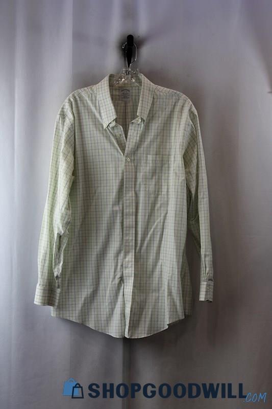 Brooks Brothers Men's White/Lime Plaid Button Up Shirt SZ-17x34