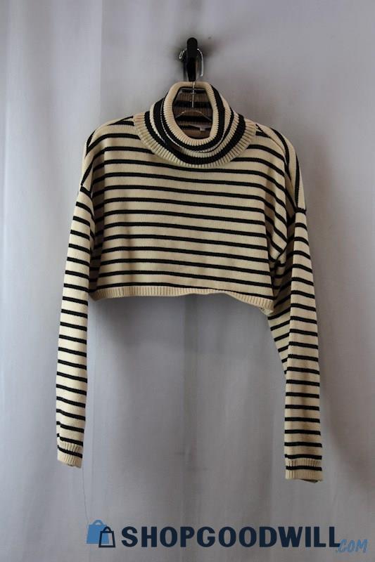 NWT Olivaceous Women's Beige/Black Stripe Cropped Turtleneck Sweater sz M